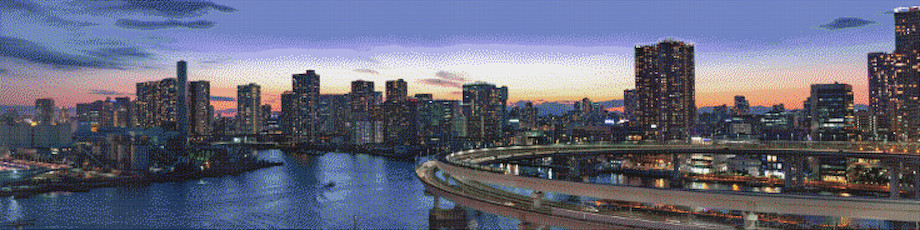 Cityscape mural, made of 12mm Ottoman Standard tiles, 32 feet wide by 8 feet high
